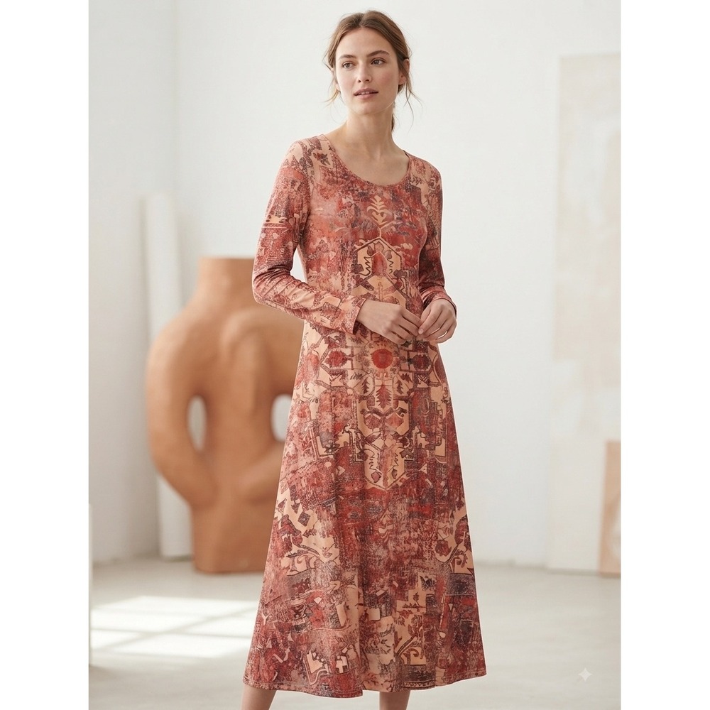 Noracora Womens Orange Red Abstract Geometric Print Long Sleeve Midi Dress L